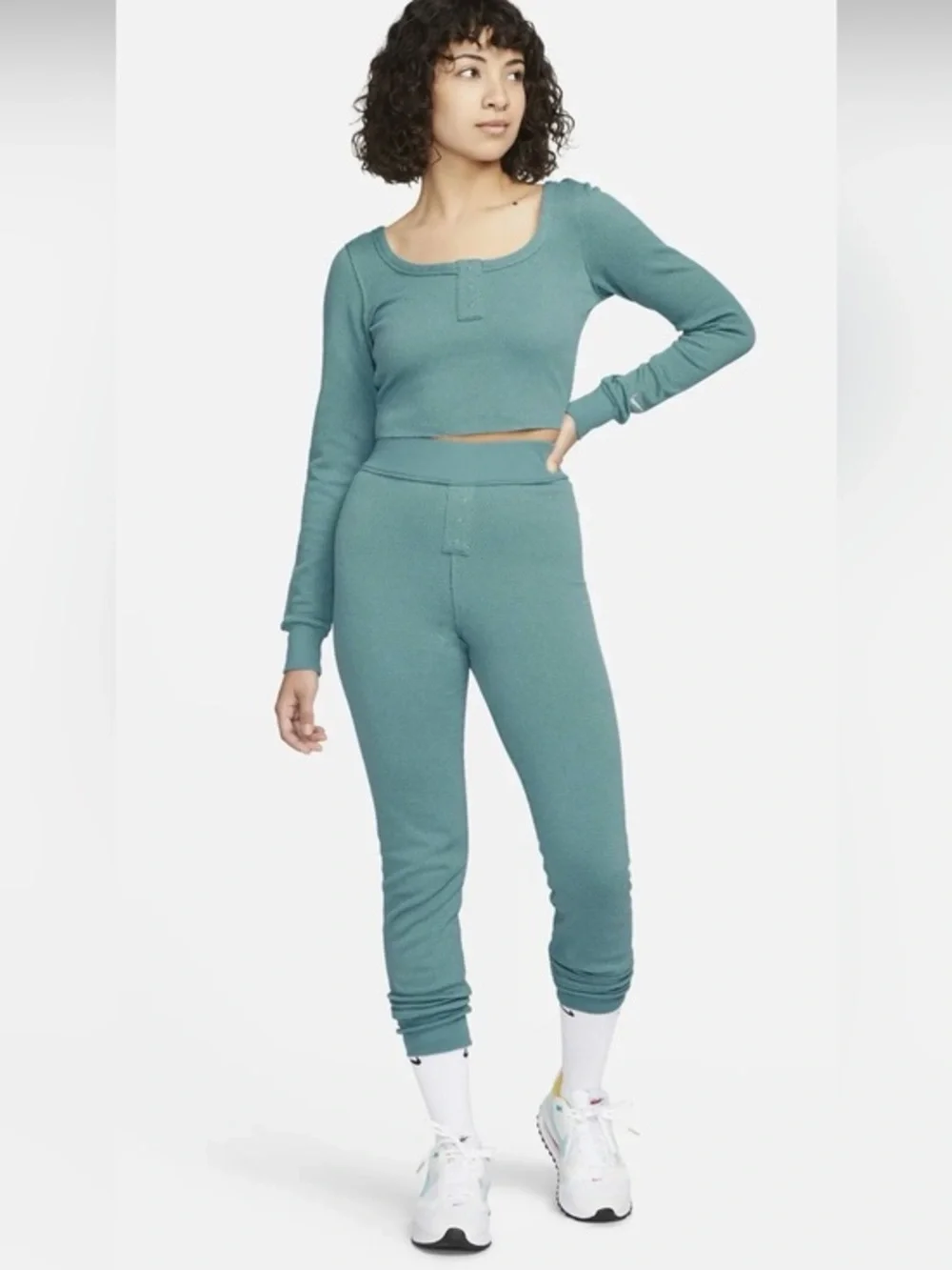 NWOT Nike Women’s Medium Everyday Waffle Knit Crop Top & Legging Pant Set M Teal